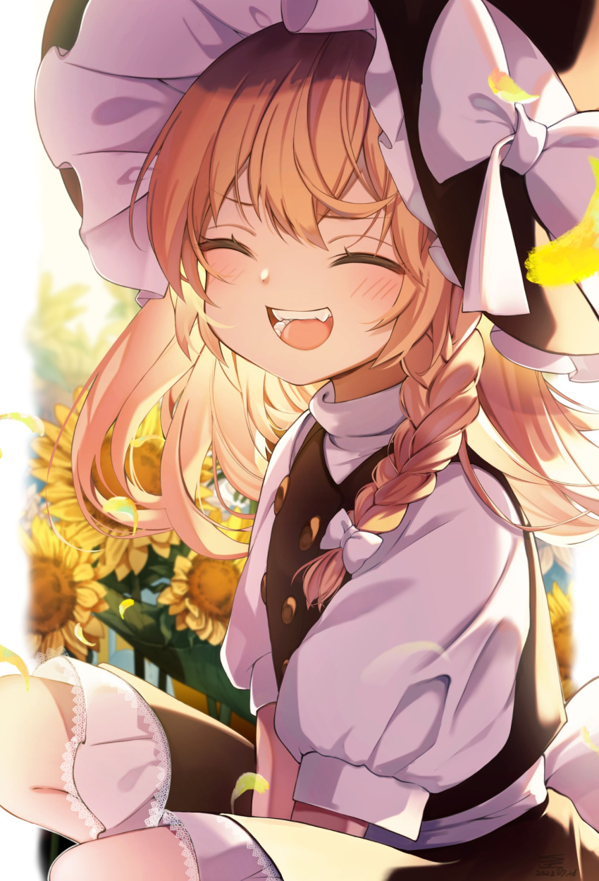 1girl black_headwear black_skirt black_vest blonde_hair blush bow braid closed_eyes dated facing_viewer feet_out_of_frame flower hat hat_bow highres kirisame_marisa long_hair open_mouth shirt short_sleeves signature single_braid skirt smile solo sunflower touhou vest white_bow white_shirt witch_hat yellow_flower yuineko