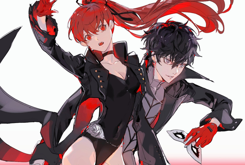 1boy 1girl amamiya_ren arm_up binxngchng1 black_choker black_coat black_hair black_leotard black_ribbon breasts choker cleavage coat gloves grey_eyes hair_between_eyes hair_ribbon highres holding holding_mask leotard long_hair long_sleeves mask open_mouth persona persona_5 persona_5_the_royal ponytail red_eyes red_gloves red_hair ribbon simple_background white_mask yoshizawa_kasumi