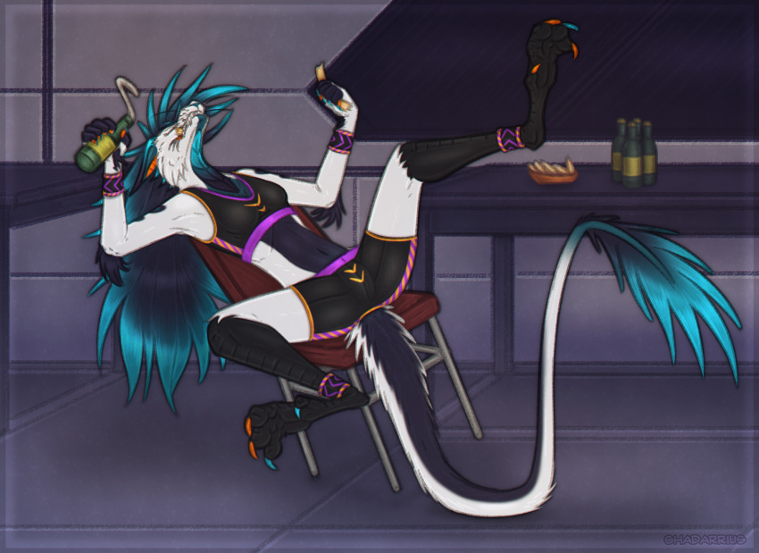 alcohol anthro avian_feet beer beverage blue_hair cheese chilling dairy_products dragon female food fur furred_dragon hair hi_res long_hair shadarrius solo sportswear spread_legs spreading white_body