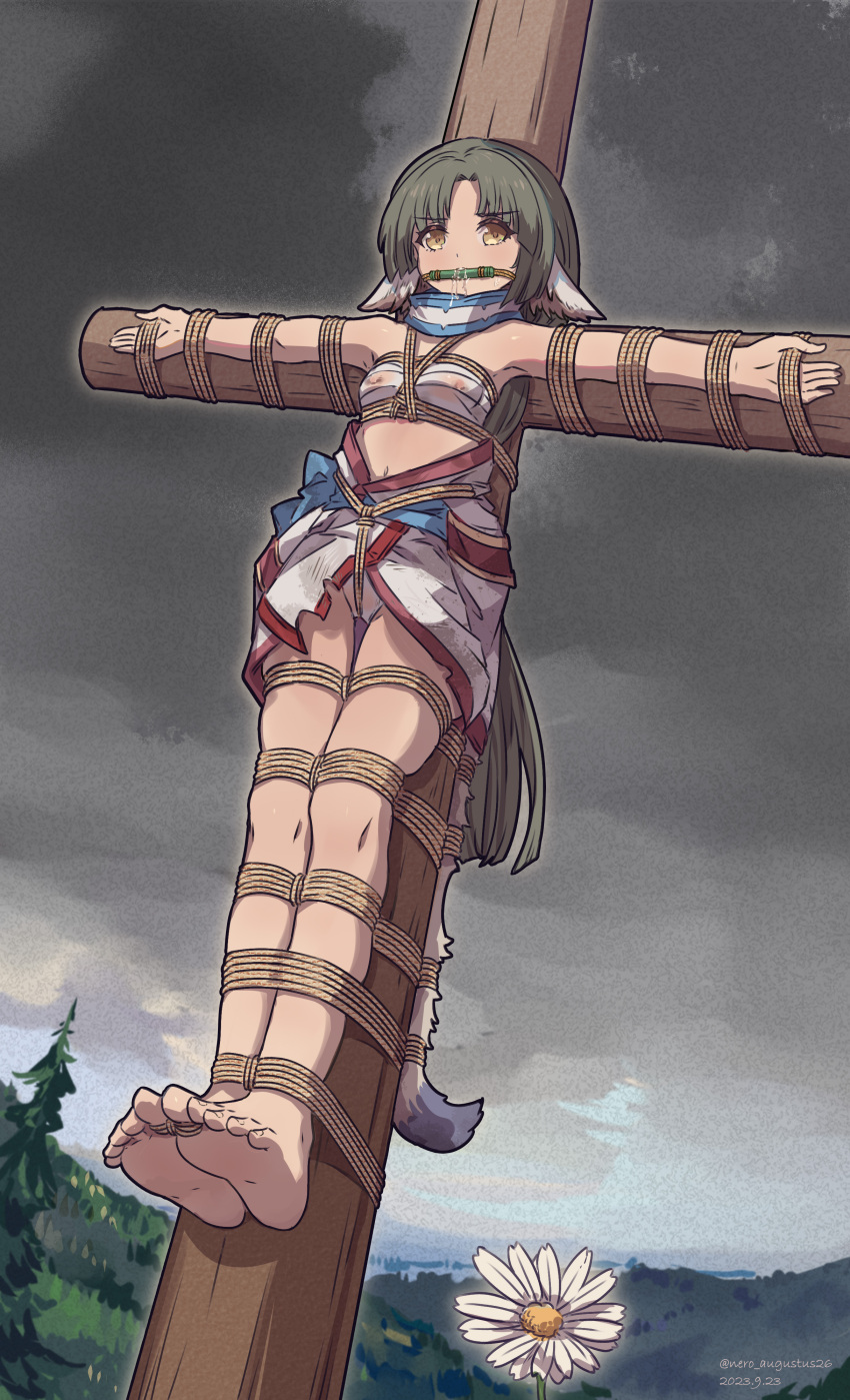 1girl absurdres ainu_clothes angry animal_ears artist_name bare_legs barefoot bdsm bit_gag bondage bound bound_toes chest_sarashi clothes_lift cloud cloudy_sky covered_nipples crotch_rope crucifixion eruruw flower forest gag green_hair highres long_hair looking_at_viewer nature nero_augustus panties saliva sarashi see-through shibari sidelocks sky soles tail underwear utawarerumono yellow_eyes