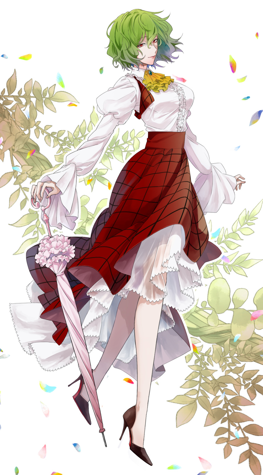 1girl absurdres ascot black_footwear center_frills closed_mouth closed_umbrella commentary_request frilled_sleeves frills full_body green_hair high_heels highres holding holding_umbrella juliet_sleeves karasaki kazami_yuuka long_sleeves looking_at_viewer open_clothes open_vest petals petticoat pink_nails pink_umbrella plaid plaid_skirt plaid_vest puffy_sleeves red_eyes red_skirt red_vest shirt_tucked_in short_hair skirt solo touhou umbrella vest yellow_ascot