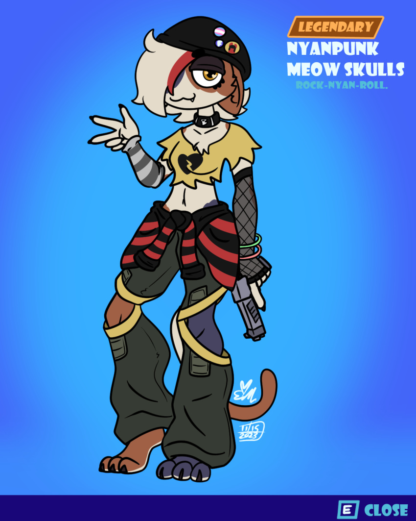 anthro armwear baggy_clothing barefoot beanie clothing collar crop_top digital_drawing_(artwork) digital_media_(artwork) domestic_cat epic_games erynerikard feet felid feline felis female fishnet fishnet_armwear fortnite gesture glow_bracelet gun hair hair_over_eye handgun hat headgear headwear hi_res jacket_around_waist lgbt_pride mammal meow_skulls_(fortnite) one_eye_obstructed pistol pride_colors ranged_weapon shirt solo topwear torn_clothing torn_shirt torn_topwear transgender_pride_colors v_sign weapon