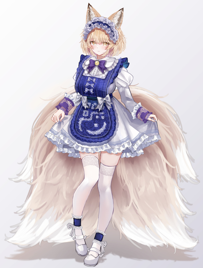 1girl adapted_costume alternate_costume animal_ears apron blonde_hair blue_apron blush bow breasts closed_mouth dress enmaided fox_ears fox_tail frilled_dress frills full_body highres large_breasts long_sleeves looking_at_viewer maid maid_apron maid_headdress multiple_tails purple_bow sarasadou_dan shoes short_hair simple_background solo tail thighhighs touhou white_background white_bow white_dress white_footwear white_thighhighs yakumo_ran yellow_eyes yellow_tail