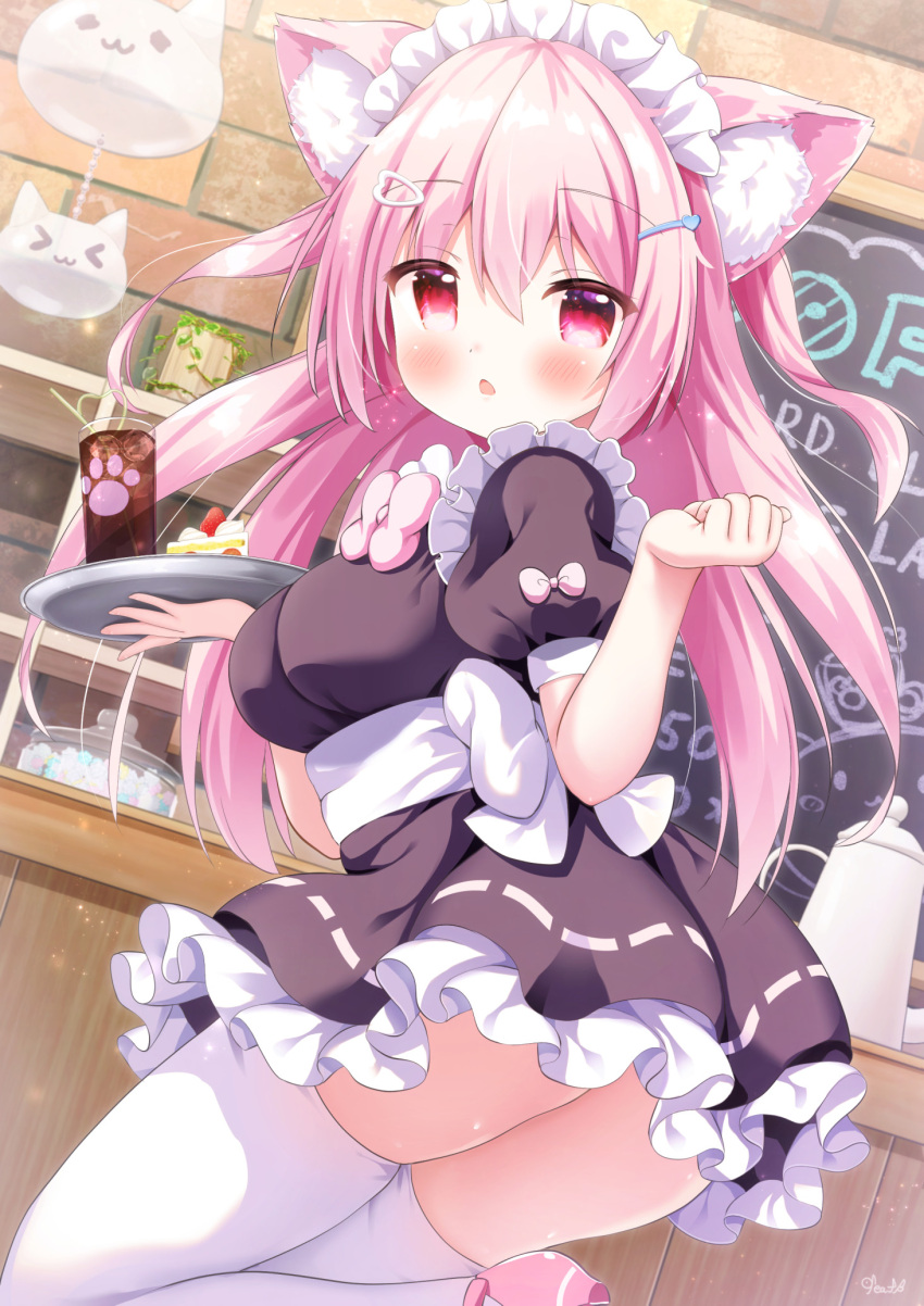 1girl animal_ear_fluff animal_ears arm_up ass black_dress blush breasts cafe cake cat_ears cat_girl clenched_hand cup dress drink drinking_glass food from_behind hair_ornament hairclip highres indoors kotoriifu leg_up long_hair looking_at_viewer looking_back maid_headdress no_tail open_mouth original pink_eyes pink_footwear pink_hair shoes short_dress solo standing standing_on_one_leg thighhighs thighs tray two_side_up waitress white_thighhighs zettai_ryouiki