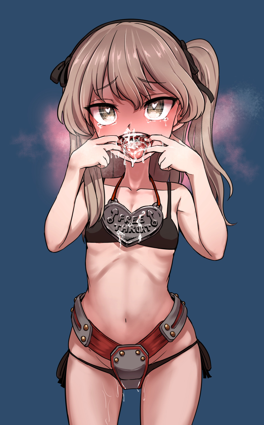 1girl absurdres aomushi_(mushamusha) armor belly bikini bikini_armor black_bikini blue_background blush brown_eyes girls_und_panzer hand_on_own_throat heart heart-shaped_pupils highres jewelry light_brown_hair looking_at_viewer navel necklace one_side_up public_use shimada_arisu skinny standing swimsuit symbol-shaped_pupils