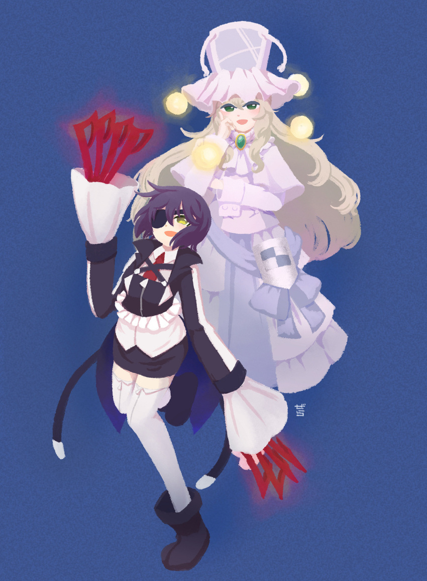 2girls :d ankle_boots arm_at_side artist_name ascot black_footwear black_hair black_jacket black_skirt blonde_hair blue_background blue_sash blush boots buttons capelet coattails collared_shirt cropped_jacket dot_nose dress eyepatch floating frilled_hat frilled_headwear frilled_jacket frills gem gera-magia green_eyes green_gemstone hair_between_eyes hand_on_own_face hand_up hat highres jacket kure_kirika leg_up long_dress long_hair long_sleeves looking_at_viewer magical_girl mahou_shoujo_madoka_magica mahou_shoujo_oriko_magica mikuni_oriko miniskirt multiple_girls necktie no_lineart one_eye_covered open_mouth orb pencil_skirt red_necktie sash shirt short_hair sidelocks skirt smile standing standing_on_one_leg thighhighs third-party_source very_long_hair very_long_sleeves wavy_hair white_ascot white_capelet white_dress white_headwear white_thighhighs yellow_eyes