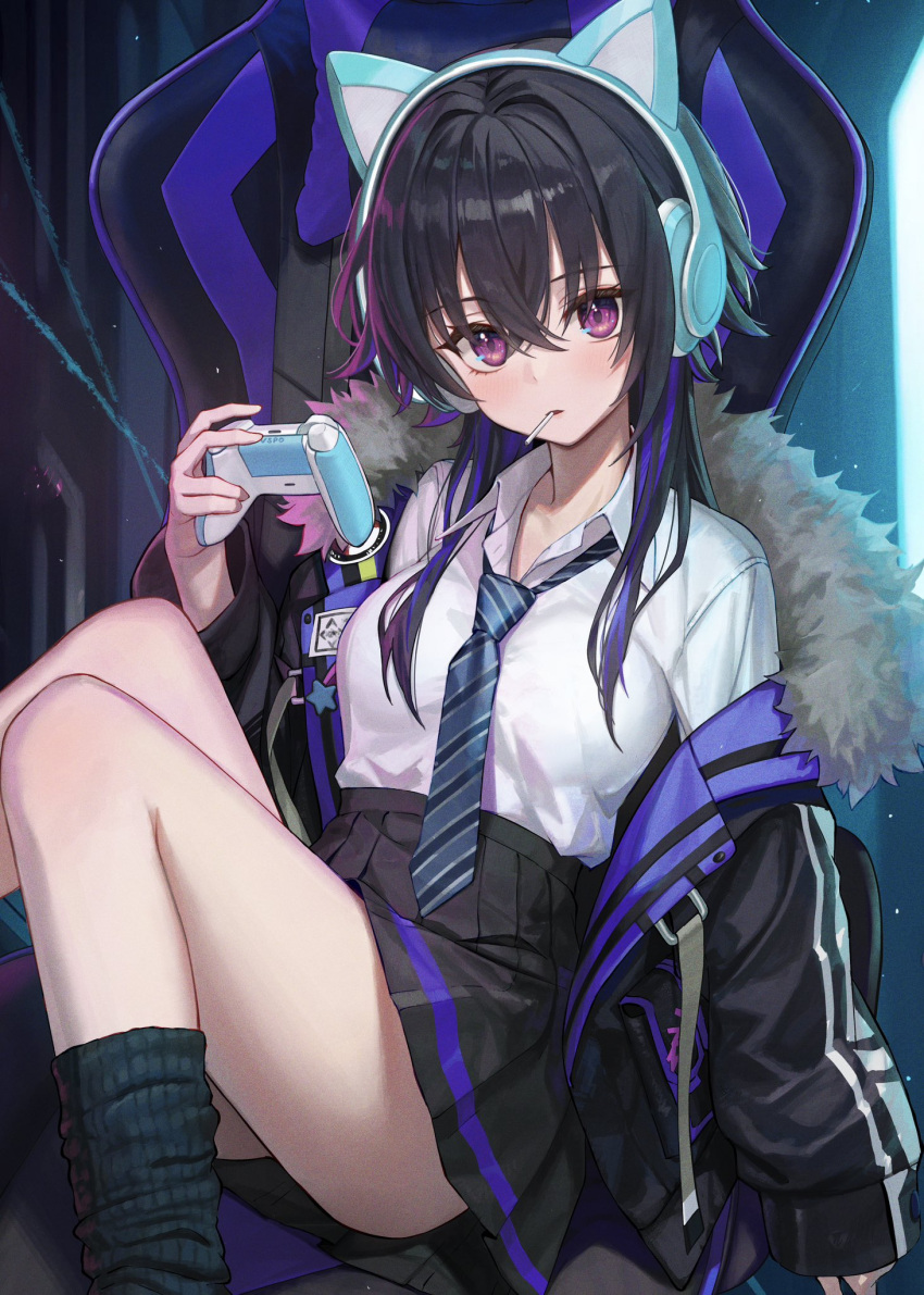 animal_ear_headphones animal_ears black_hair black_skirt candy chair controller crossed_bangs fake_animal_ears food fur-trimmed_jacket fur_trim game_controller gaming_chair headphones highres hood hoodie ichinose_uruha jacket kneehighs lollipop looking_at_viewer lupinus_virtual_games miniskirt multicolored_hair necktie off_shoulder purple_eyes shakkiyi shirt skirt socks streaked_hair striped_necktie swivel_chair virtual_youtuber vspo! white_shirt