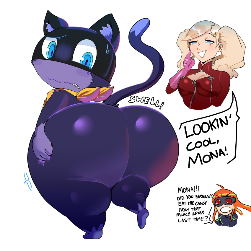 1:1 absurd_res accessory ann_takamaki anthro atlus big_butt biped black_body black_fur black_pupils blue_eyes bodysuit butt butt_expansion butt_focus clothing dialogue dipstick_tail domestic_cat exclamation_point expansion felid feline felis female fur futaba_sakura gloves_(marking) hair_accessory hairclip hi_res huge_butt leg_markings male mammal markings mask megami_tensei megami_tensei_persona morgana_(persona) neckerchief nuumatic pupils sega skinsuit socks_(marking) sound_effects speech_bubble tail tail_markings thick_thighs tight_clothing white_body white_fur wide_hips worried