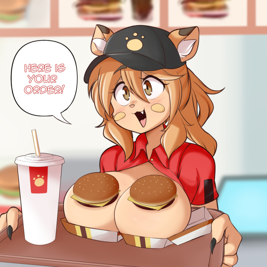 2023 anthro blush breasts burger clothing dialogue english_text fast_food fast_food_employee female food hair hat headgear headwear hi_res long_hair lucyfercomic solo species_request speech_bubble text tray