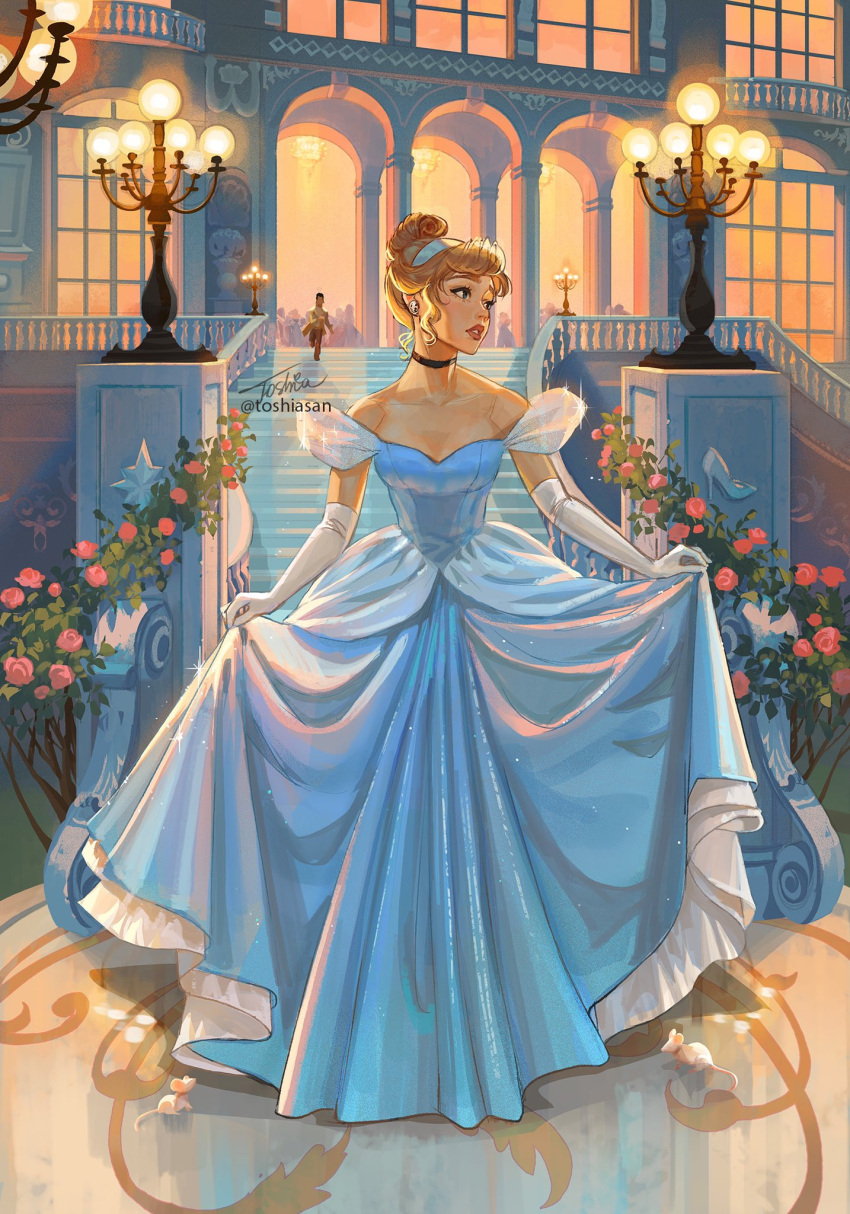 1girl aristocratic_clothes artist_name black_choker blonde_hair blue_dress blue_eyes choker cinderella cinderella_(disney) dress earrings elbow_gloves european_architecture gloves highres jewelry lamp looking_to_the_side night outdoors signature solo_focus strapless strapless_dress toshiasan updo white_gloves