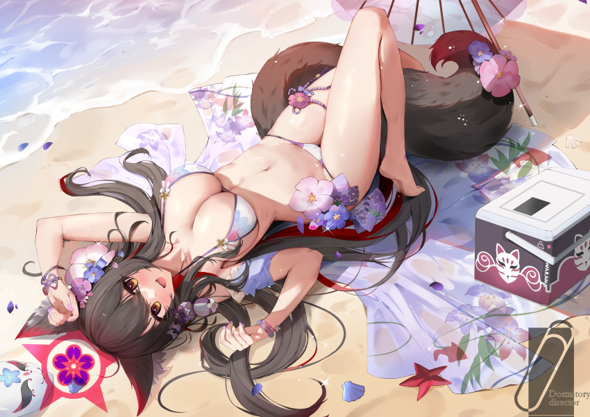 1girl absurdres animal_ear_fluff animal_ears bare_legs bare_shoulders beach bikini black_hair blue_archive blush bow breasts cleavage cooler day flower fox_ears fox_girl fox_tail from_above full_body hair_flower hair_ornament halo highres large_breasts long_hair looking_at_viewer lying navel oil-paper_umbrella on_back open_mouth outdoors qinshishizhang sand smile solo stomach string_bikini swimsuit tail tail_flower tail_ornament thigh_strap umbrella very_long_hair wakamo_(blue_archive) wakamo_(swimsuit)_(blue_archive) water white_bikini yellow_eyes