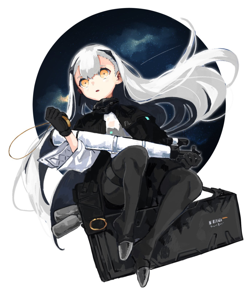 1girl ak-alfa_(girls'_frontline) black_gloves black_jacket black_pantyhose full_body girls'_frontline gloves highres holding holding_telescope jacket long_hair looking_at_viewer night night_sky open_mouth pantyhose sena_yuuta sky solo telescope very_long_hair weapon_case white_hair yellow_eyes