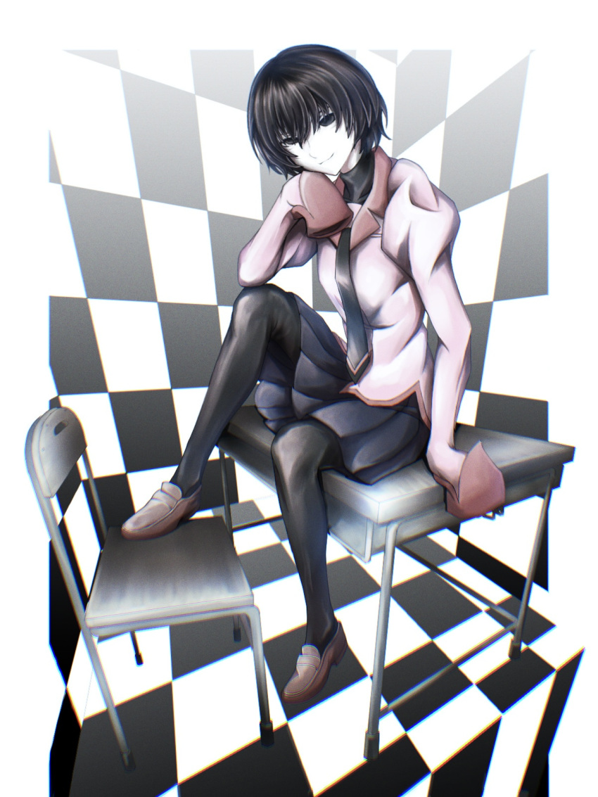 1girl black_eyes black_hair black_necktie black_pantyhose black_skirt black_undershirt brown_footwear chair checkered_floor checkered_wall closed_mouth commentary desk elbow_rest hair_between_eyes head_rest highres knee_up loafers monogatari_(series) naoetsu_high_school_uniform necktie on_desk oshino_ougi pale_skin pantyhose pink_shirt pleated_skirt puffy_sleeves school_chair school_desk school_uniform shirt shoes sitting sitting_on_desk skirt sleeves_past_fingers sleeves_past_wrists smile solo tile_floor tile_wall tiles tsukihi_shida turtleneck very_long_sleeves