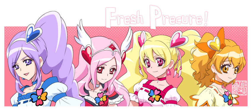 4girls :d aono_miki artist_logo blonde_hair blue_choker choker commentary_request copyright_name cure_berry cure_passion cure_peach cure_pine dress drill_hair drill_ponytail earrings eyelashes fresh_precure! hair_ornament hairband happy heart heart_hair_ornament higashi_setsuna high_ponytail high_side_ponytail jewelry kamikita_futago long_hair looking_at_viewer magical_girl momozono_love multiple_girls open_mouth orange_choker orange_eyes orange_hair pink_choker pink_eyes pink_hair ponytail precure puffy_short_sleeves puffy_sleeves purple_eyes purple_hair red_eyes short_hair short_sleeves side_ponytail signature smile twintails white_choker wing_hair_ornament yamabuki_inori