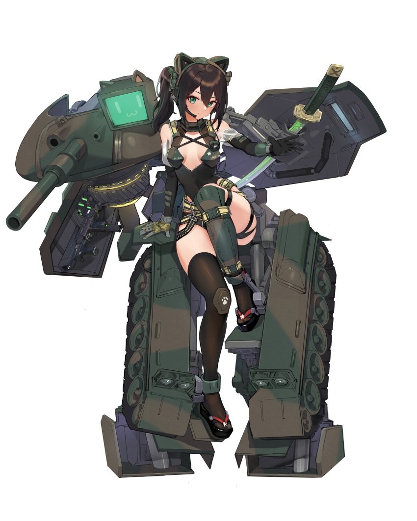 1girl absurdres animal_ears bare_shoulders black_footwear black_gloves black_hair black_leotard black_thighhighs breasts cannon commentary ear_protection elbow_gloves fake_animal_ears full_body gloves green_eyes hair_between_eyes headset highres katana kneehighs leotard mecha_musume medium_breasts original personification side_ponytail simple_background single_kneehigh single_sock single_thighhigh socks solo sword thighhighs tuziki_sang type_74_(personification) weapon white_background zouri