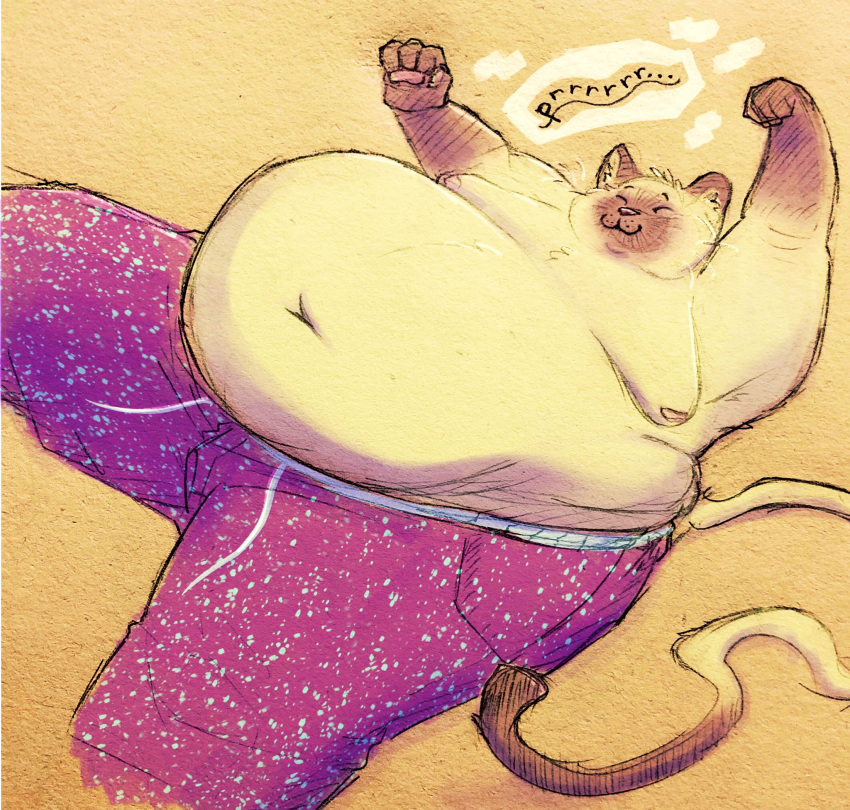 2019 anthro belly big_belly clothed clothing domestic_cat eyes_closed felid feline felis hi_res jameel male mammal moobs navel nipples obese obese_anthro obese_male overweight overweight_anthro overweight_male purring siamese simple_background solo topless tubbytiger