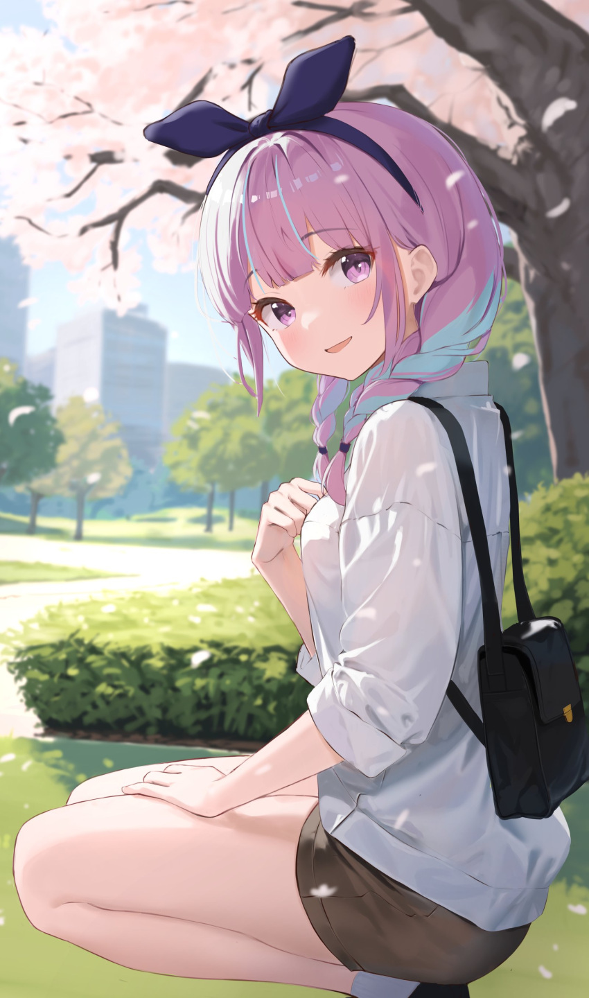 1girl absurdres backpack bag blue_bow blue_hair blurry blurry_background blush bow bow_hairband braid brown_shorts building bush cherry_blossoms city colored_inner_hair commentary day falling_petals feeilll from_side grass hairband highres hololive looking_at_viewer low_twin_braids minato_aqua multicolored_hair outdoors parted_lips petals pink_eyes pink_hair shirt shorts sleeves_rolled_up smile solo squatting streaked_hair symbol-only_commentary tree twin_braids two-tone_hair virtual_youtuber white_shirt