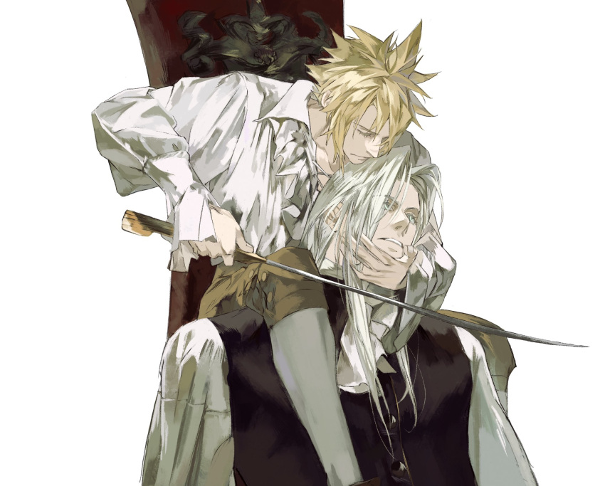 2boys alternate_costume black_vest blonde_hair blue_eyes brown_shorts buttons chair closed_eyes cloud_strife collared_shirt final_fantasy final_fantasy_vii frilled_shirt frilled_shirt_collar frills hand_on_another's_chin highres holding holding_another's_head holding_sword holding_weapon imminent_injury implied_yaoi leg_on_another's_shoulder leggings long_hair long_sleeves looking_down looking_up male_focus multiple_boys on_chair parted_lips puffy_long_sleeves puffy_sleeves sephiroth shirt short_hair shorts simple_background sitting spiked_hair sword sword_to_throat vest victorian weapon white_background white_hair white_leggings white_shirt xscr1205