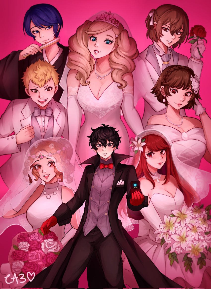 4boys 4girls adapted_costume akechi_gorou amamiya_ren bisexual_male black_hair blonde_hair blue_hair bouquet breasts bridal_veil brown_hair crazyanime3 dress folding_fan hand_fan harem highres holding holding_bouquet japanese_clothes jewelry kimono kitagawa_yuusuke montsuki multiple_boys multiple_girls niijima_makoto okumura_haru persona persona_5 persona_5_tactica red_hair ring sakamoto_ryuuji smile suit takamaki_anne tiara tuxedo twintails veil wedding_dress wedding_ring white_dress white_suit yoshizawa_kasumi