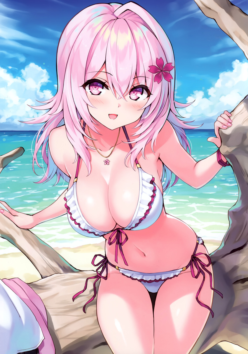 1girl absurdres bare_shoulders beach bikini blue_sky blush bracelet breasts cleavage cloud cloudy_sky cu-no day fingernails flower frilled_bikini frills front-tie_bikini_top front-tie_top hair_flower hair_ornament highres hisen_kaede jewelry long_hair looking_at_viewer medium_breasts navel necklace ocean open_mouth outdoors pink_hair purple_eyes scan side-tie_bikini_bottom simple_background sky smile solo stomach swimsuit water yayoi_sakura