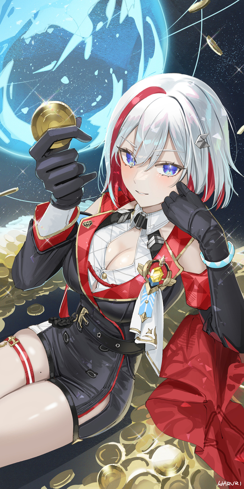 1girl artist_name belt black_belt black_gloves black_sleeves black_unitard blue_eyes breasts cleavage coin colored_inner_hair commentary_request cowboy_shot detached_sleeves gloves haruri highres holding holding_coin honkai:_star_rail honkai_(series) looking_at_viewer mole mole_on_thigh multicolored_hair parted_lips red_eyes short_hair sitting smile solo streaked_hair thigh_strap topaz_(honkai:_star_rail) white_hair