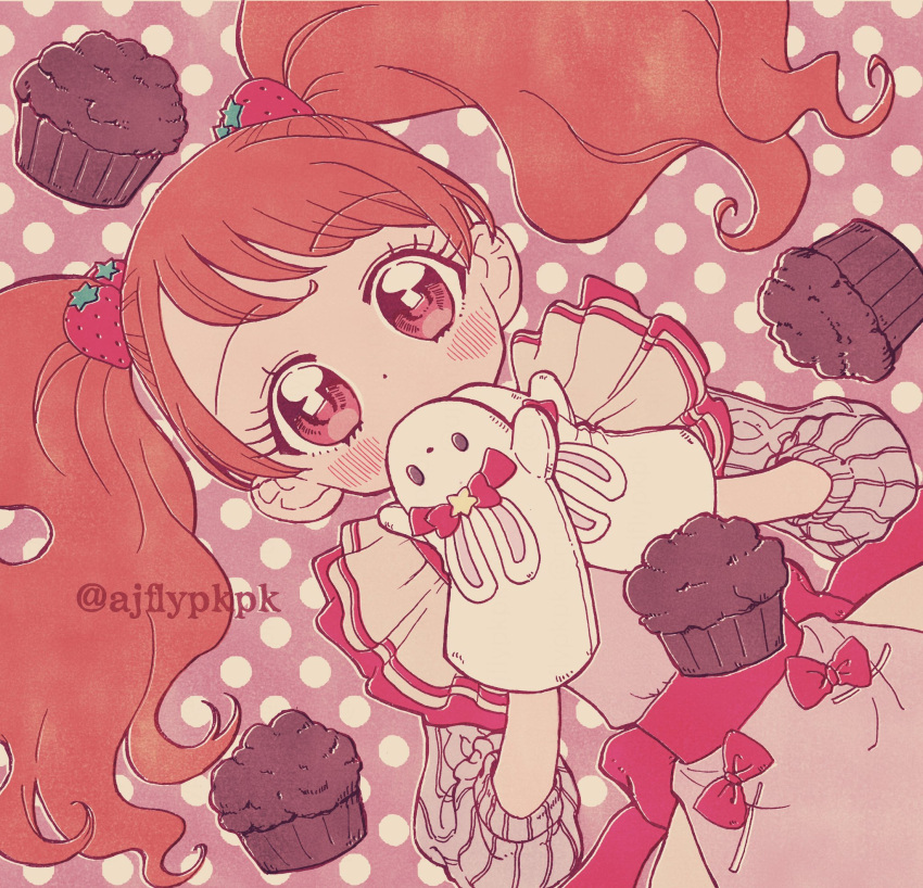 aji_fry blush bow commentary_request covering_mouth cupcake eyelashes food food-themed_hair_ornament food-themed_ornament frills hair_ornament hand_over_own_mouth highres kirakira_precure_a_la_mode long_hair magical_girl orange_hair oven_mitts polka_dot polka_dot_background precure red_eyes solo strawberry_hair_ornament twintails twitter_username usami_ichika waist_bow