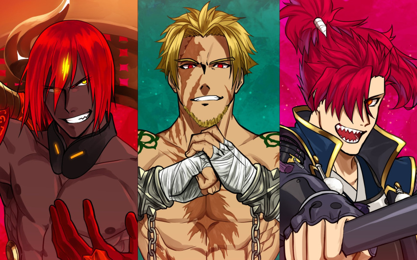 3boys abs armpits ashwatthama_(fate) bandaged_hand bandages beard beowulf_(fate) blonde_hair chain collarbone dark-skinned_male dark_skin facial_hair fate/grand_order fate_(series) fingerless_gloves fist_in_hand gloves grin hair_over_one_eye highres holding holding_weapon male_focus mori_nagayoshi_(fate) multiple_boys muscular muscular_male nipples open_mouth red_eyes red_hair rupoipo scar scar_on_chest sharp_teeth short_hair shoulder_tattoo smile split_screen tattoo teeth topknot topless_male weapon yellow_eyes