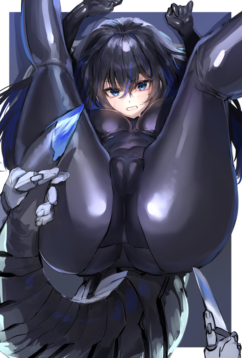 absurdres ass black_bodysuit black_hair blue_eyes blue_hair blush bodysuit breasts clenched_teeth covered_navel from_above hair_between_eyes highres holding holding_another's_tail holding_knife knife large_breasts latex latex_bodysuit long_hair looking_at_viewer original retasu_(lactuca810) shiny_clothes tail teeth thick_thighs thighs top-down_bottom-up