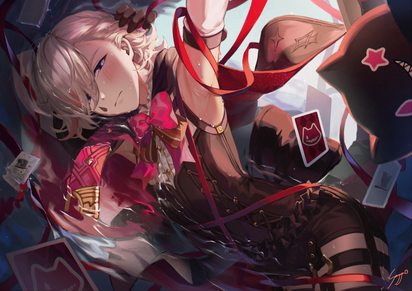 1boy absurdres armpits black_gloves blush bow bowtie card closed_mouth detached_sleeves genshin_impact gloves grey_hair hair_between_eyes highres ice_s_s_z looking_at_viewer lying lyney_(genshin_impact) male_focus multicolored_hair on_side playing_card purple_eyes red_bow red_hair red_ribbon ribbon signature solo sparkle star_(symbol) teardrop_facial_mark wet wet_clothes wet_hair