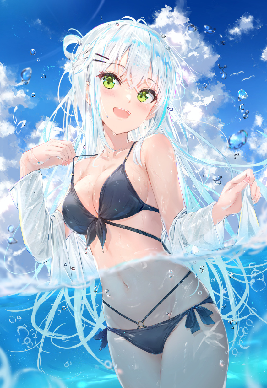 1girl absurdres bikini black_bikini blue_hair blue_sky braid breasts bubble cleavage cloud french_braid green_eyes hair_ornament hairclip highres long_hair medium_breasts multicolored_hair na_kyo navel ocean off_shoulder open_clothes open_mouth open_shirt original partially_submerged shirt side-tie_bikini_bottom sky smile solo stomach streaked_hair sunlight swimsuit water_drop wet wet_clothes wet_shirt white_hair white_shirt