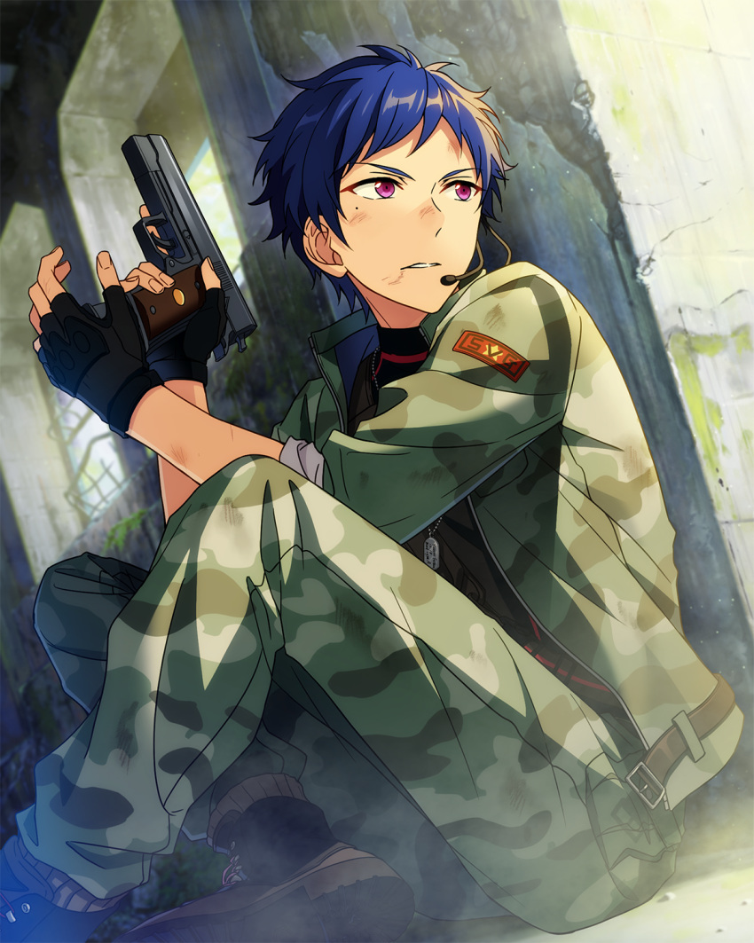 1boy black_gloves blue_hair boots dark_blue_hair dog_tags ensemble_stars! fingerless_gloves fingernails fushimi_yuzuru gloves gun happy_elements headset highres holding holding_gun holding_weapon looking_to_the_side male_focus military_(ensemble_stars!) military_uniform mole mole_under_eye official_art parted_lips purple_eyes short_bangs short_hair sideways_glance sitting sleeves_rolled_up solo third-party_source uniform weapon