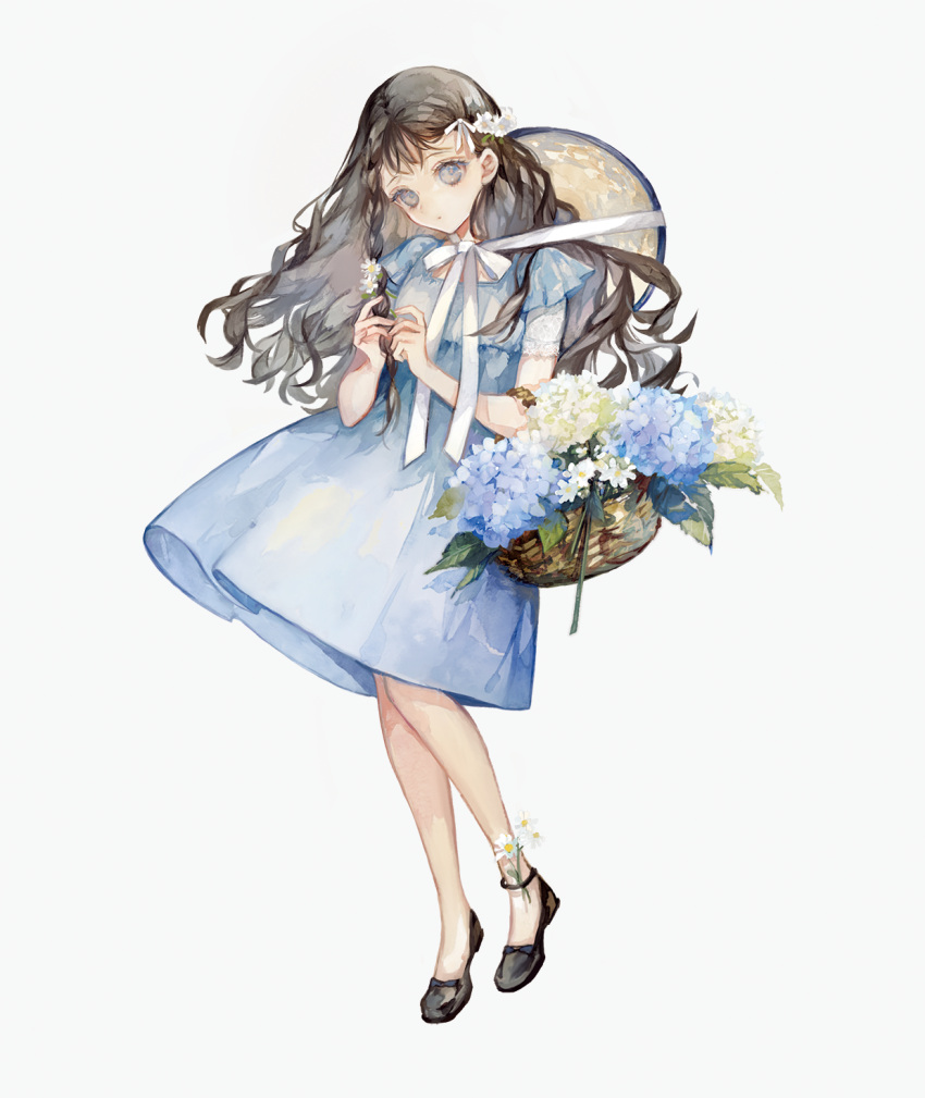 1girl ankle_flower basket black_footwear black_hair blue_dress blue_flower bow bowtie braid closed_mouth curly_hair daisy dot_mouth dress flats flower full_body grey_background grey_eyes hair_flower hair_ornament hat highres holding holding_basket holding_hair hydrangea long_hair looking_at_viewer niwa_haruki original short_sleeves simple_background single_braid solo standing sun_hat sundress tachi-e white_bow white_bowtie white_flower