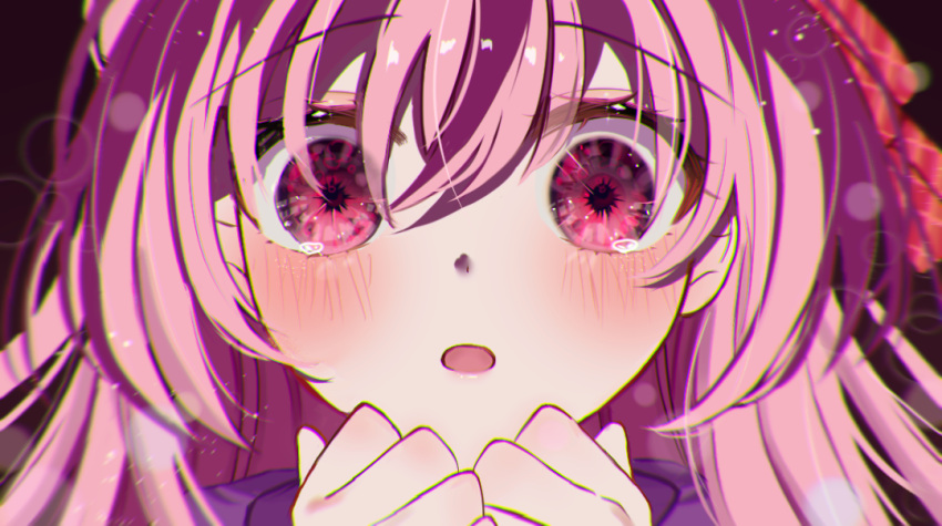 1girl :o blush chromatic_aberration clenched_hands empty_eyes hair_between_eyes happy_sugar_life jacket long_bangs long_hair looking_at_viewer matsuzaka_satou open_mouth own_hands_together pink_eyes pink_hair purple_jacket raised_eyebrows shiro_(dkau3374) solo tearing_up