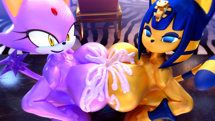 3d_(artwork) absurd_res animal_crossing ankha_(animal_crossing) anthro armband big_breasts black_nose blaze_the_cat blender_(software) blue_body blue_eyes blue_fur blue_hair bodily_fluids breast_squish breasts breasts_frottage cum cum_on_breasts digital_media_(artwork) domestic_cat duo emotionless felid feline felis female forehead_gem fur genital_fluids hair hi_res looking_at_viewer mammal nintendo palisal purple_body purple_fur purple_hair sega smile sonic_the_hedgehog_(series) squish tail yellow_body yellow_eyes yellow_fur