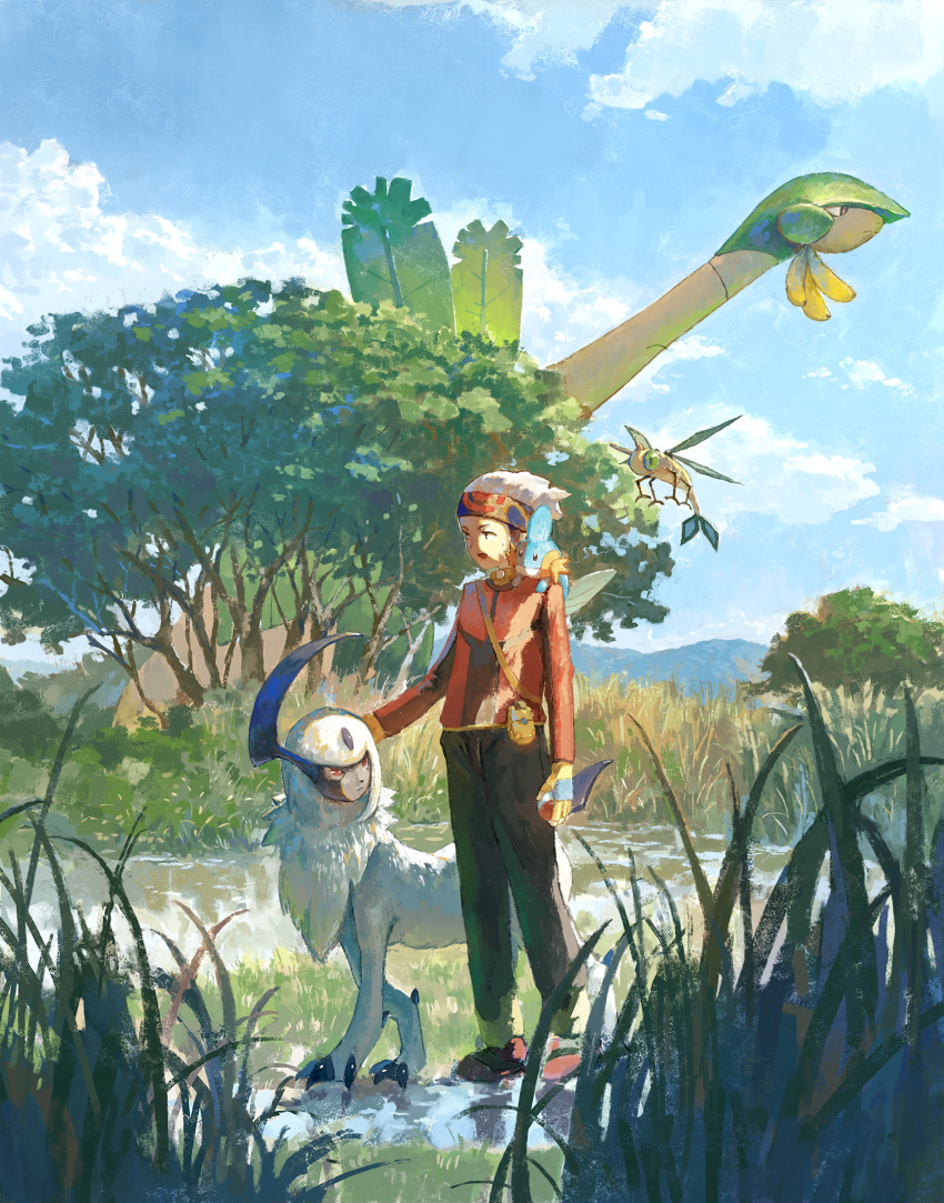 1boy absol animal_on_shoulder black_pants blue_sky brendan_(pokemon) cloud day fingerless_gloves fjsmu gloves grass grey_hair highres holding holding_poke_ball jacket long_sleeves male_focus mountainous_horizon mudkip nature outdoors pants poke_ball poke_ball_(basic) pokemon pokemon_(creature) pokemon_(game) pokemon_oras red_footwear red_jacket short_hair sky standing tree tropius vibrava wetland yellow_gloves