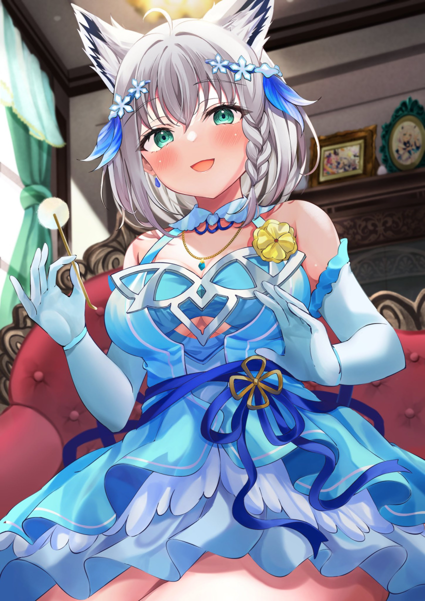 1girl ahoge animal_ear_fluff animal_ears aquarium_(visual_novel) bare_shoulders blue_dress blush braid breasts cleavage commentary_request couch dress earrings elbow_gloves fox_ears fox_girl from_below gloves green_eyes hair_between_eyes hair_ornament highres hololive ibuki_sho indoors jewelry long_hair looking_at_viewer medium_breasts mimikaki necklace open_mouth shirakami_fubuki sidelocks single_braid sitting solo virtual_youtuber white_gloves white_hair