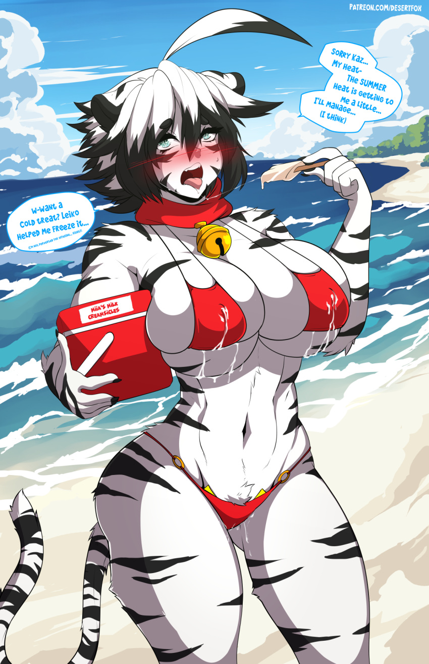 5_fingers anthro beach bell big_breasts bikini biped blue_eyes blush bodily_fluids breasts clothed clothing english_text felid female fingers food fur genital_fluids hair hi_res holding_food holding_object holding_popsicle jingle_bell lactating lactating_through_clothing mammal miia_disain milk navel nipple_outline open_mouth outside pantherine popsicle pupils pussy_juice pussy_juice_through_clothing red_bikini red_clothing red_swimwear sagestrike2_(artist) seaside skimpy slit_pupils solo speech_bubble swimwear text tiger wet wet_clothing