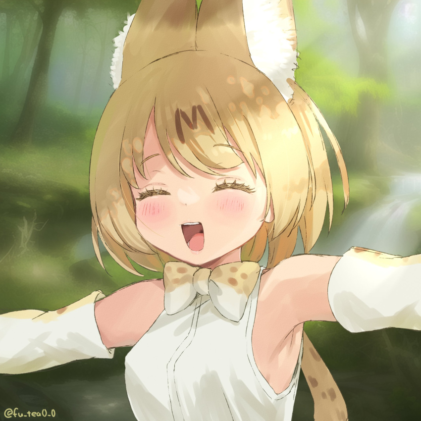 1girl animal_ears bare_shoulders blonde_hair blush cat_ears cat_girl cat_tail closed_eyes commentary_request elbow_gloves extra_ears fuutea0w0 gloves highres kemono_friends open_mouth print_gloves serval_(kemono_friends) serval_print shirt short_hair smile solo tail white_gloves white_shirt