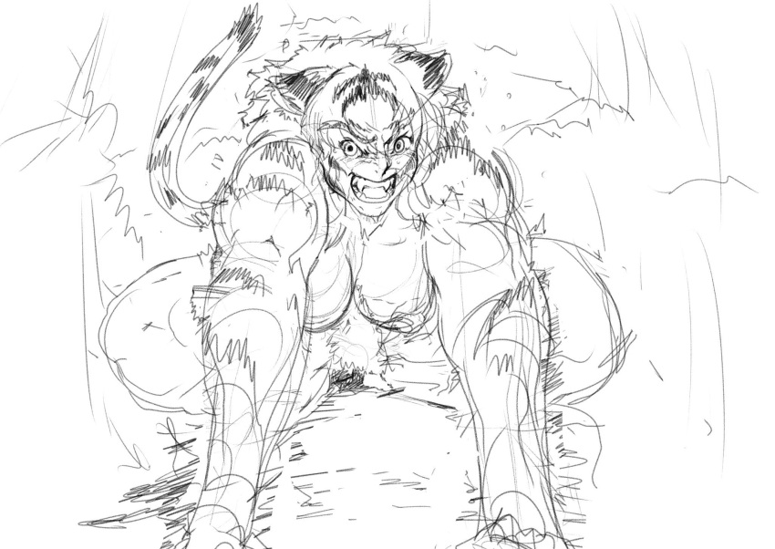 animal_humanoid breasts butt chinju_r crotch_tuft fangs felid felid_humanoid female fur genitals hair hi_res humanoid kari_yuga_(tiger_girl) looking_at_viewer mammal mammal_humanoid muscular nipples pantherine pantherine_humanoid sketch snarling solo stripes tail teeth tiger_humanoid tuft