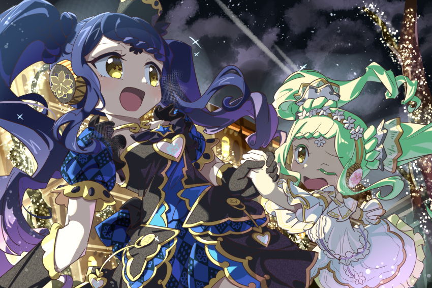 2girls :d absurdres anisakisu bare_tree black_dress blue_hair braid braided_bangs christmas_lights colored_eyelashes commentary_request detached_sleeves dress falala_a_larm garara_s_leep gold_trim green_hair hand_grab headphones highres holding_hands idol_time_pripara lolita_fashion long_hair looking_at_another looking_back multiple_girls night night_sky one_eye_closed open_mouth outdoors pretty_series print_dress pripara puffy_short_sleeves puffy_sleeves short_sleeves siblings sidelocks sisters sky smile star_(sky) starry_sky symbol-shaped_pupils tree twins twintails very_long_hair white_dress yellow_eyes