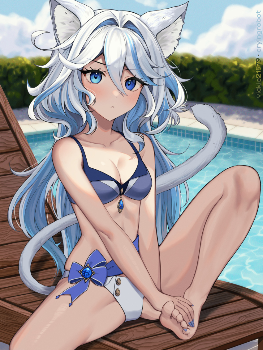 1girl :&lt; animal_ear_fluff animal_ears bare_arms bare_legs bare_shoulders barefoot beach_chair bikini blue_bow blue_eyes blue_hair blue_nails bow breasts cat_ears cat_tail cleavage collarbone commentary furina_(genshin_impact) genshin_impact hair_intakes highres kemonomimi_mode long_hair looking_at_viewer medium_breasts mismatched_bikini nail_polish navel no_headwear pool sitting solo stomach swimsuit tail thighs toenail_polish toenails very_long_hair vickie_(cryingrobot) water white_hair
