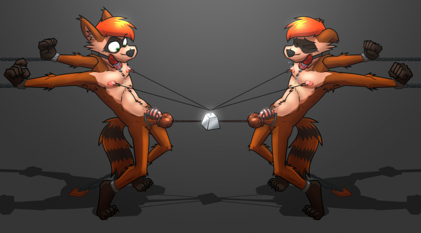 anthro ball_gag balls brother_(lore) brothers_(lore) chastity_cage chastity_device cock_and_ball_torture domidark duo gag genital_torture genitals hi_res male mammal penis procyonid raccoon ringpiece sibling_(lore) twins_(lore)