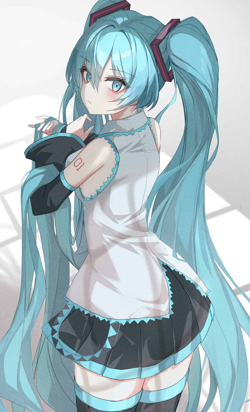 1girl absurdres aqua_eyes aqua_hair arched_back bare_shoulders black_skirt black_sleeves black_thighhighs breasts closed_mouth collared_shirt commentary cowboy_shot detached_sleeves double-parted_bangs from_behind frown hair_between_eyes hatsune_miku highres holding_own_hair kawasuru_(15miclon) leaning_forward light_blush long_hair looking_at_viewer looking_back medium_breasts pleated_skirt shirt skirt solo split_mouth thighhighs tsurime twintails very_long_hair vocaloid white_shirt