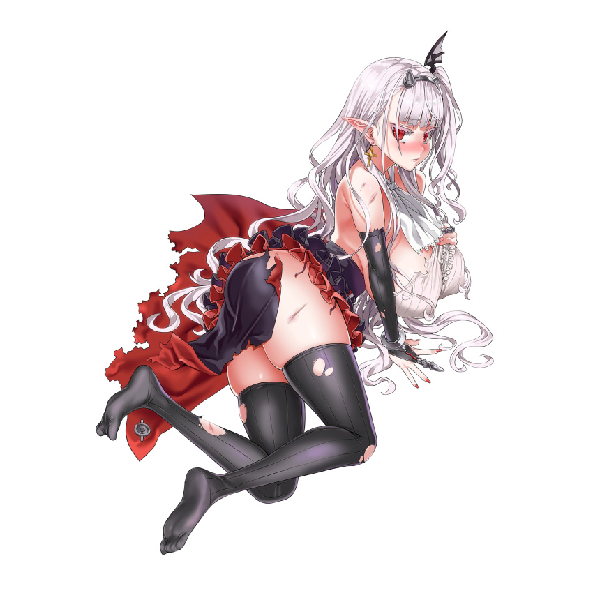 1girl asanagi ascot ass black_gloves black_skirt black_thighhighs blush breasts broken_horn cape claw_ring colored_eyelashes covered_nipples cross cross_earrings damaged defeat draculina_(last_origin) earrings elbow_gloves fake_horns feet frilled_shirt frilled_skirt frills frown full_body game_cg gloves hair_over_breasts hand_on_ground hand_on_own_chest highres horns huge_breasts injury jewelry last_origin layered_skirt long_hair looking_at_viewer looking_to_the_side miniskirt nail_polish nose_blush official_art partially_fingerless_gloves pointy_ears red_cape red_nails red_skirt ribbed_gloves ribbed_legwear ribbed_shirt shirt sideboob simple_background skindentation skirt solo tachi-e thighhighs third-party_source torn_cape torn_clothes torn_gloves torn_shirt torn_thighhighs transparent_background vampire very_long_hair white_ascot white_hair white_shirt wing_hair_ornament