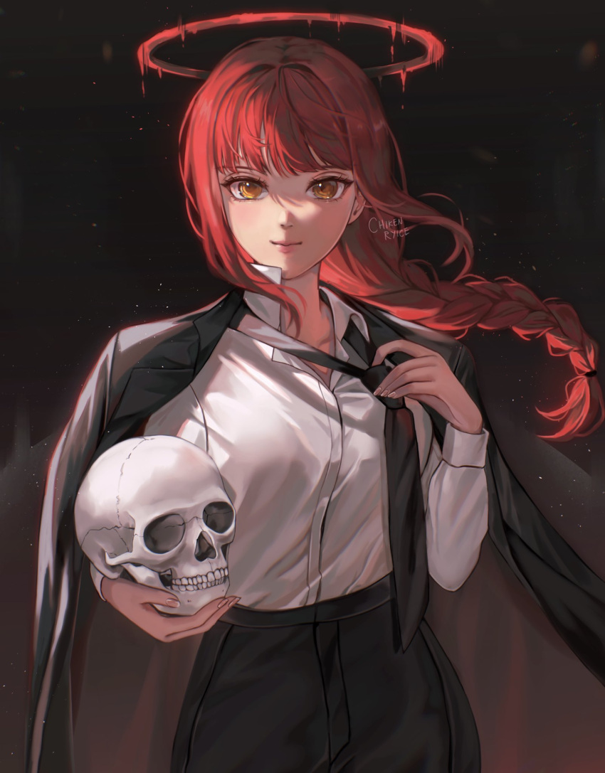 1girl black_jacket black_necktie black_pants braid braided_ponytail chainsaw_man chikenryice closed_mouth halo highres holding holding_skull jacket long_hair long_sleeves looking_at_viewer makima_(chainsaw_man) necktie pants red_hair shirt skull smile solo white_shirt yellow_eyes