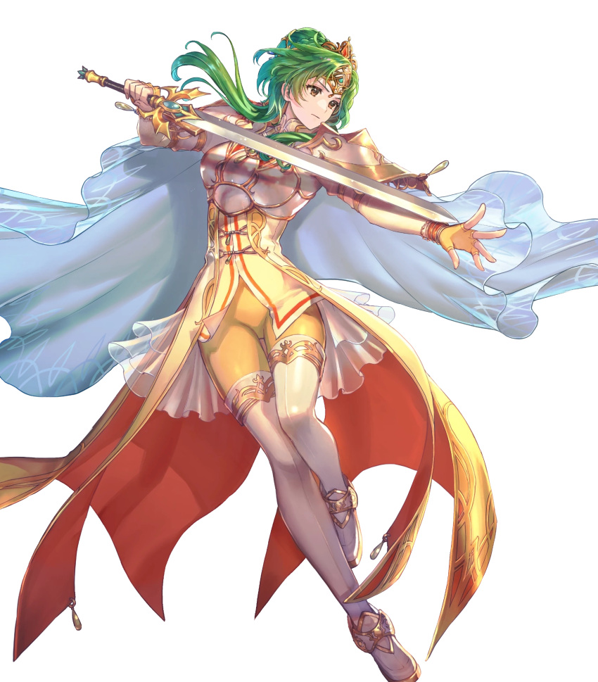 1girl armor boots breastplate brown_eyes cape closed_mouth cropped elincia_ridell_crimea fingerless_gloves fire_emblem fire_emblem:_radiant_dawn fire_emblem_heroes fujikawa_arika full_body gloves gold_trim grey_hair hair_bun high_heel_boots high_heels highres holding holding_sword holding_weapon jewelry long_hair non-web_source official_art overskirt pants see-through shiny_clothes shoulder_armor sidelocks single_hair_bun solo sword thigh_boots tiara transparent_background weapon