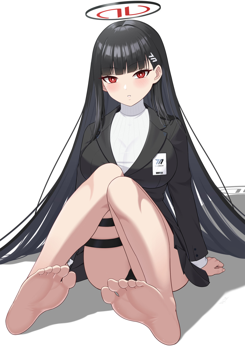 1girl absurdres arms_behind_back barefoot black_hair black_jacket black_skirt blue_archive blunt_bangs blush breasts feet halo highres jacket knees_together_feet_apart knees_up large_breasts legs lemon_kele long_hair looking_at_viewer on_grass pleated_skirt red_eyes ringed_eyes rio_(blue_archive) shadow simple_background sitting skirt soles solo thigh_strap thighs toenails toes white_background