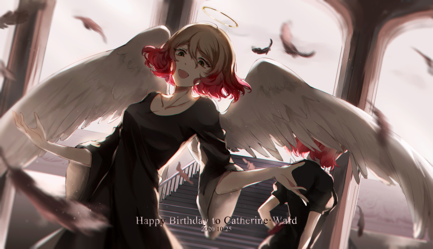 2girls :d absurdres angel_wings arch back-to-back backlighting bell_sleeves black_dress black_feathers black_jacket blonde_hair bob_cut cathy_(satsuriku_no_tenshi) character_name collarbone covered_face dated dress dual_persona facing_away feathers gradient_hair green_eyes hair_between_eyes halo happy_birthday highres jacket long_sleeves looking_at_viewer multicolored_hair multiple_girls outstretched_hand pink_hair puffy_short_sleeves puffy_sleeves qianlilingjiang satsuriku_no_tenshi short_hair short_sleeves smile stairs wings