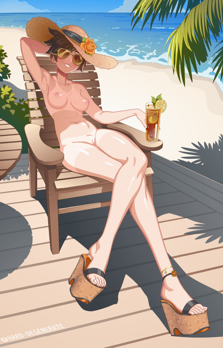 1girl anklet arm_behind_head armpits artist_name beach breasts brown_hair chair commentary completely_nude crossed_legs english_commentary flower food fruit glass grin hard-degenerate hat hat_flower highres horizon iced_tea jewelry lemon lemon_slice medium_breasts navel nipples nude ocean overwatch overwatch_1 partially_opaque_sunglasses platform_footwear pussy red_eyes sandals shadow shore short_hair sitting smile solo sun_hat sunglasses table tan tanlines tracer_(overwatch) tree