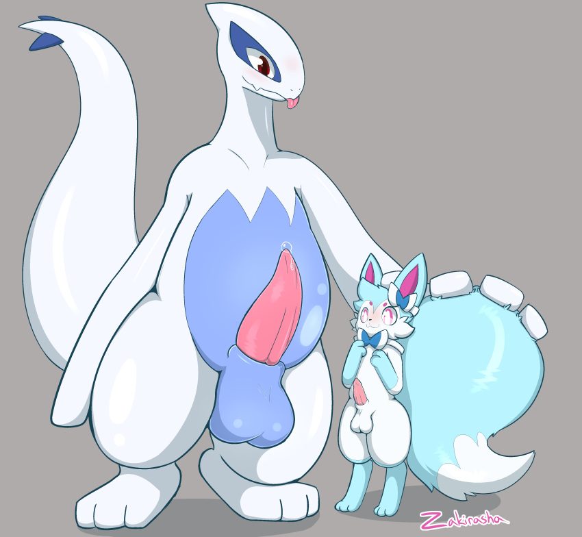 absurd_res admiring anthro balls big_balls big_tail blep blue_body blue_fur blush bodily_fluids brown_eyes deltra duo eeveelution erection excited fur generation_2_pokemon generation_6_pokemon genital_fluids genitals hand_on_tail hi_res legendary_pokemon lugia male male/male nintendo nonbinary_(lore) penis penis_in_face pink_eyes pokemon pokemon_(species) precum presenting size_difference sylveon tail tapering_penis tongue tongue_out white_body zakiredlight